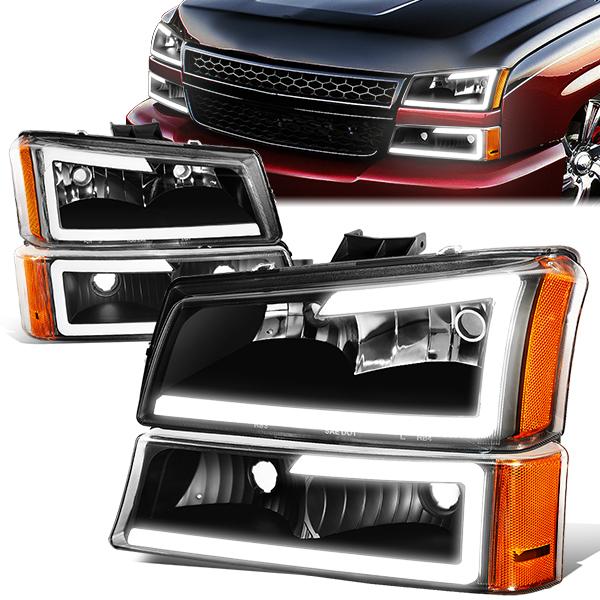 Nuvision Lighting, 03-07 Chevy Silverado 1500 2500 3500 Avalanche LED DRL Headlights+Bumper Lamp - Black Housing