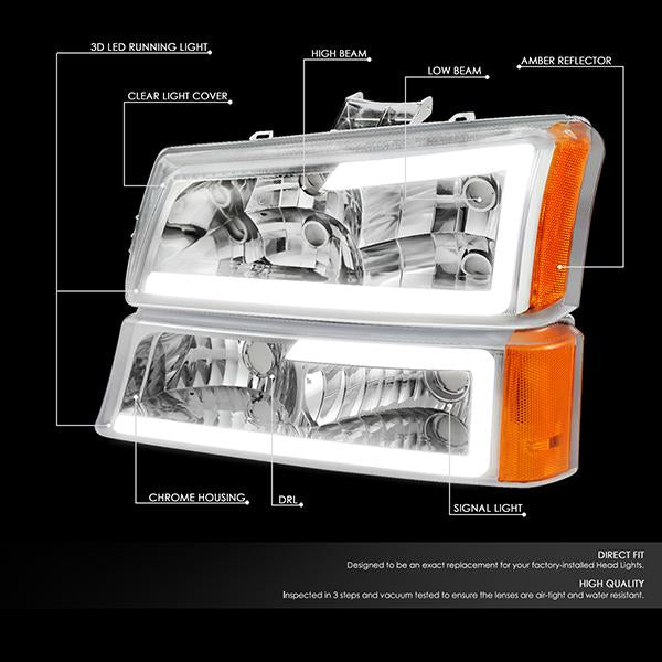 Nuvision Lighting, 03-07 Chevy Silverado 1500 2500 3500 Avalanche LED DRL Headlights+Bumper Lamp - Chrome Housing