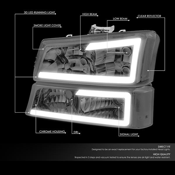 Nuvision Lighting, 03-07 Chevy Silverado 1500 2500 3500 Avalanche LED DRL Headlights+Bumper Lamp - Smoked Housing