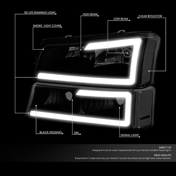 Nuvision Lighting, 03-07 Chevy Silverado 1500 2500 3500 Avalanche LED DRL Headlights+Bumper Lamp - Tinted Housing