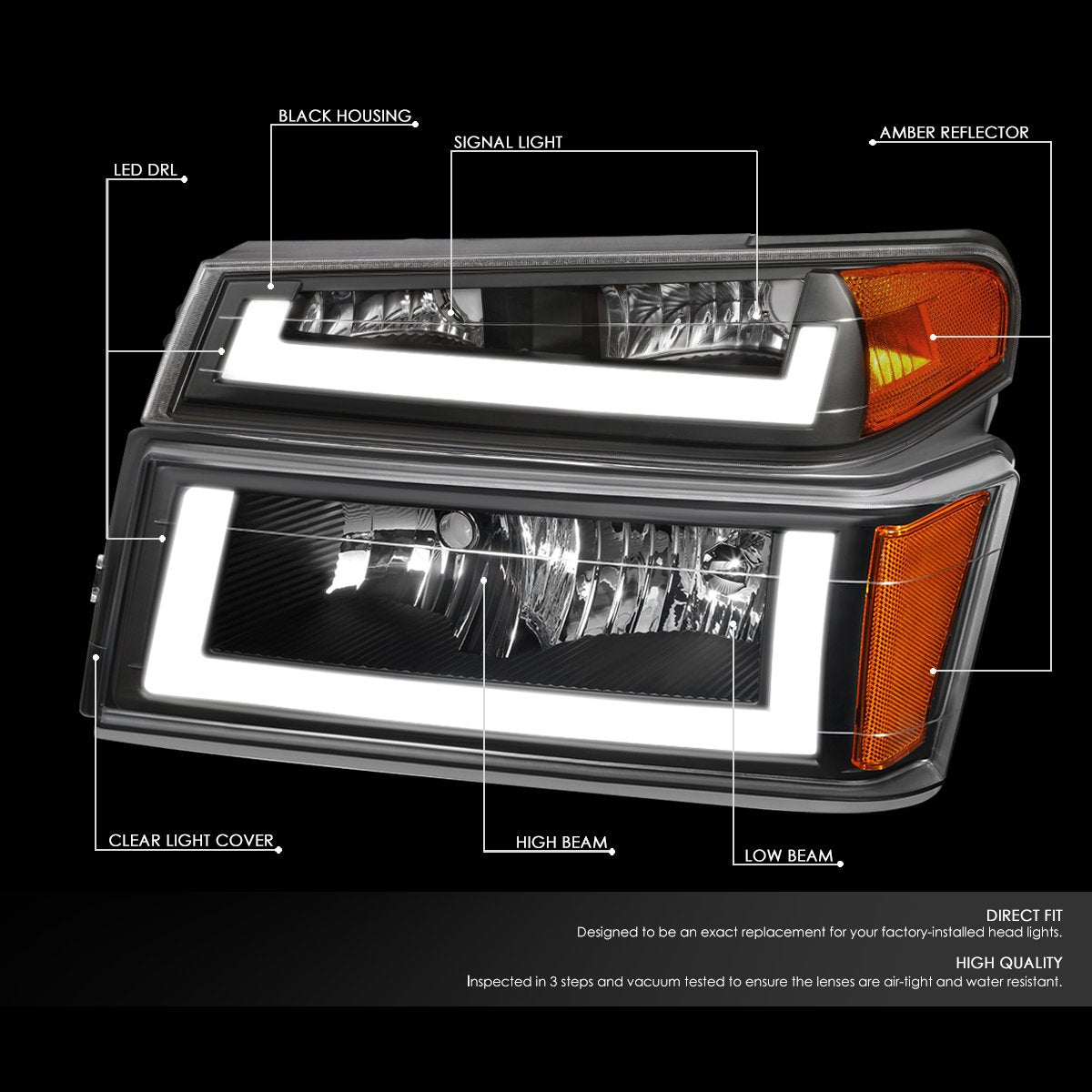 Nuvision Lighting, 04-12 Chevy Colorado GMC Canyon LED DRL Headlights+Bumper Lamp - Black Housing Amber Corner