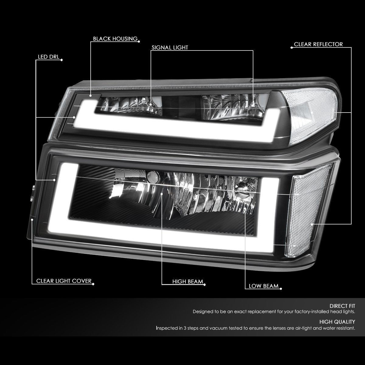 Nuvision Lighting, 04-12 Chevy Colorado GMC Canyon LED DRL Headlights+Bumper Lamp - Black Housing Clear Corner