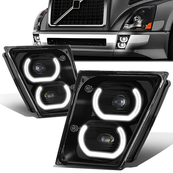 DNA Motoring, 04-18 Volvo VN VNL 300 400 430 630 740 760 860 Black Housing Projector LED DRL Fog Lights