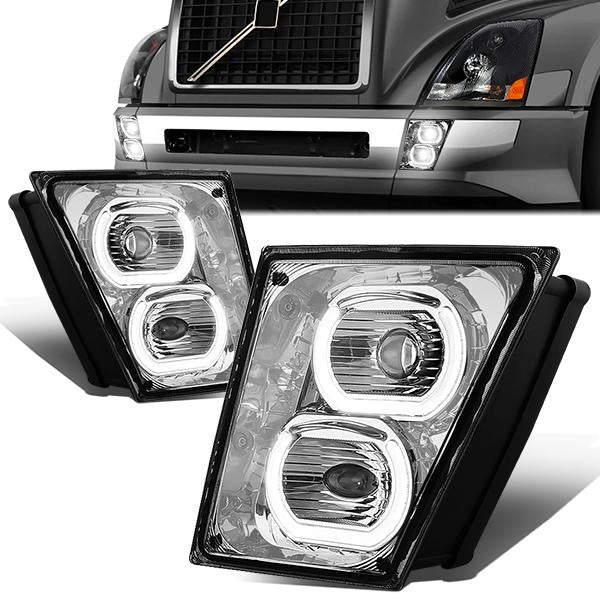 DNA Motoring, 04-18 Volvo VN VNL 300 400 430 630 740 760 860 Chrome Housing Projector LED DRL Fog Lights