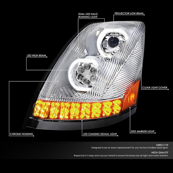 Nuvision Lighting, 04-18 Volvo VN VNL 300 430 630 740 760 860 Sequential LED Turn Signal Projector Headlights - Chrome