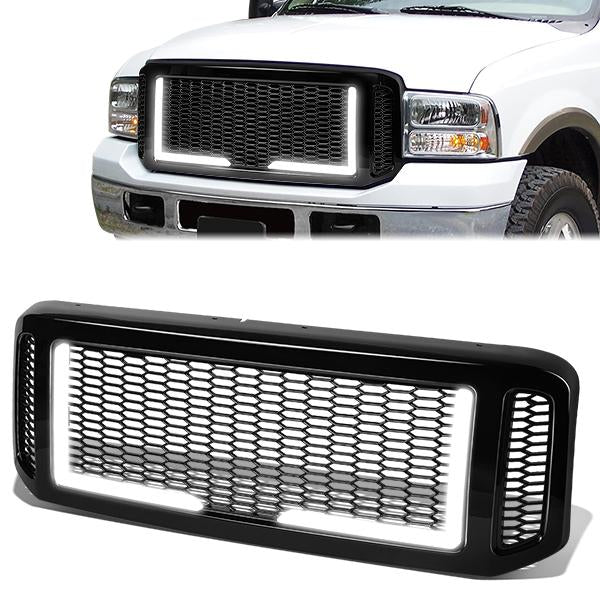 CAAP, 05-07 Ford F250 F350 F450 F550 Super Duty Front Grille+LED Bar - Honeycomb Mesh - Black