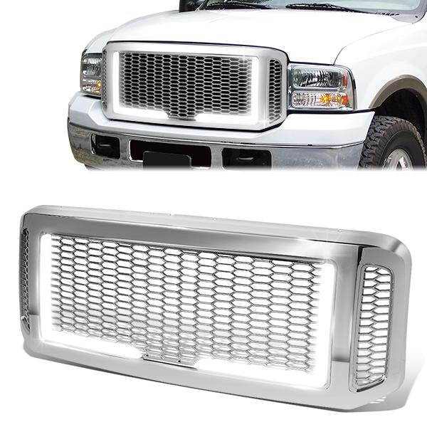 CAAP, 05-07 Ford F250 F350 F450 F550 Super Duty Front Grille+LED Bar - Honeycomb Mesh - Chrome