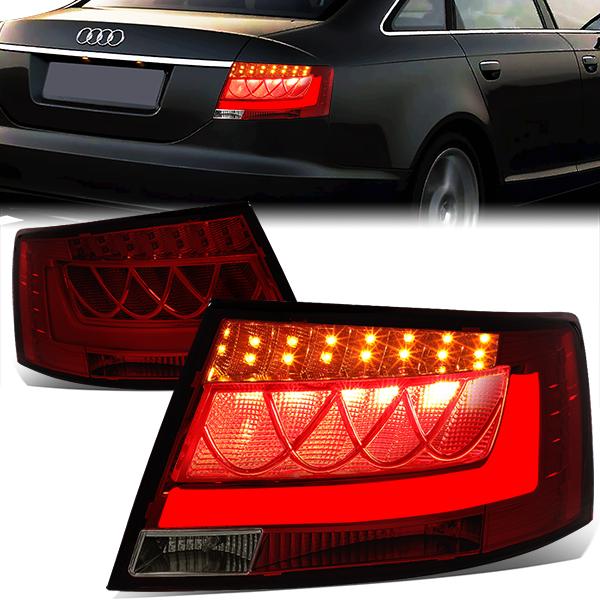 Nuvision Lighting, 05-08 Audi A6 Quattro Sedan S6 LED Bar Rear Brake Tail Lights - Red Tint Housing