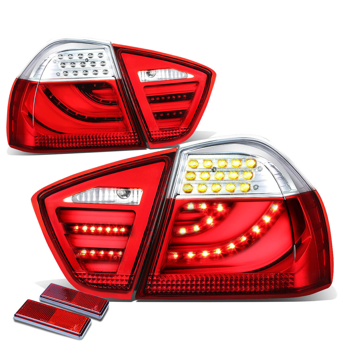 Nuvision Lighting, 05-08 BMW E90 320i 325i 325xi 330i 330xi 335i Sedan LED Bar Rear Brake Tail Lights - Red/Clear