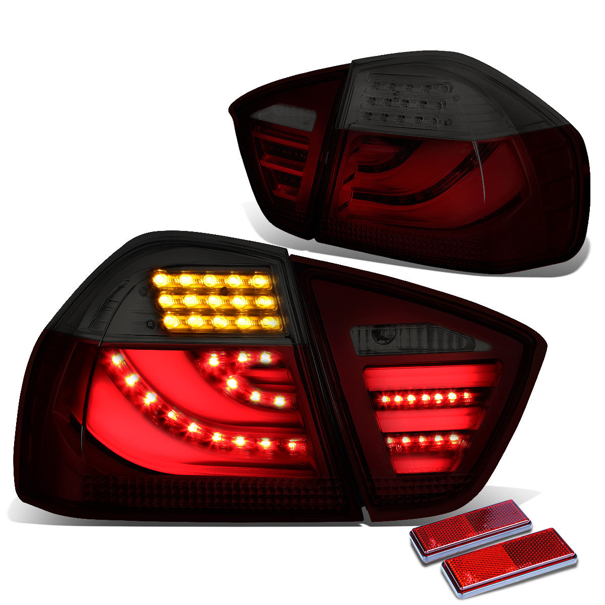 Nuvision Lighting, 05-08 BMW E90 320i 325i 325xi 330i 330xi 335i Sedan LED Bar Rear Brake Tail Lights - Red/Smoked