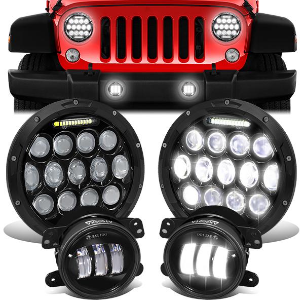 Nuvision Lighting, 07-18 Jeep Wrangler JK LED DRL Projector Headlights+ Foglights - Black Clear