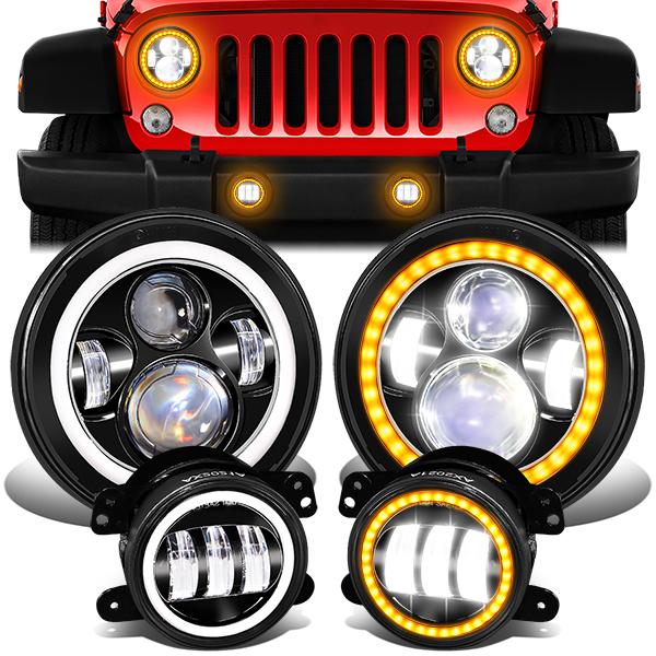 Nuvision Lighting, 07-18 Jeep Wrangler JK LED DRL+Turn Signal Projector Headlights+Foglights - Black Clear