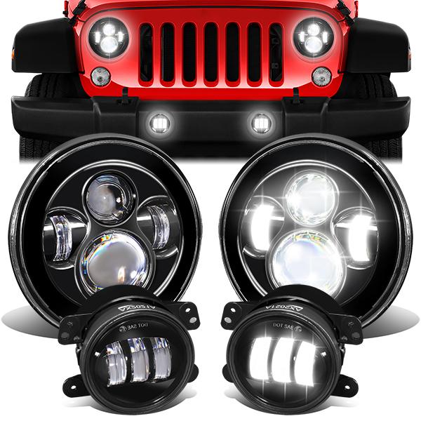 Nuvision Lighting, 07-18 Jeep Wrangler JK LED Projector Headlights+Foglights - Black Housing Clear Lens