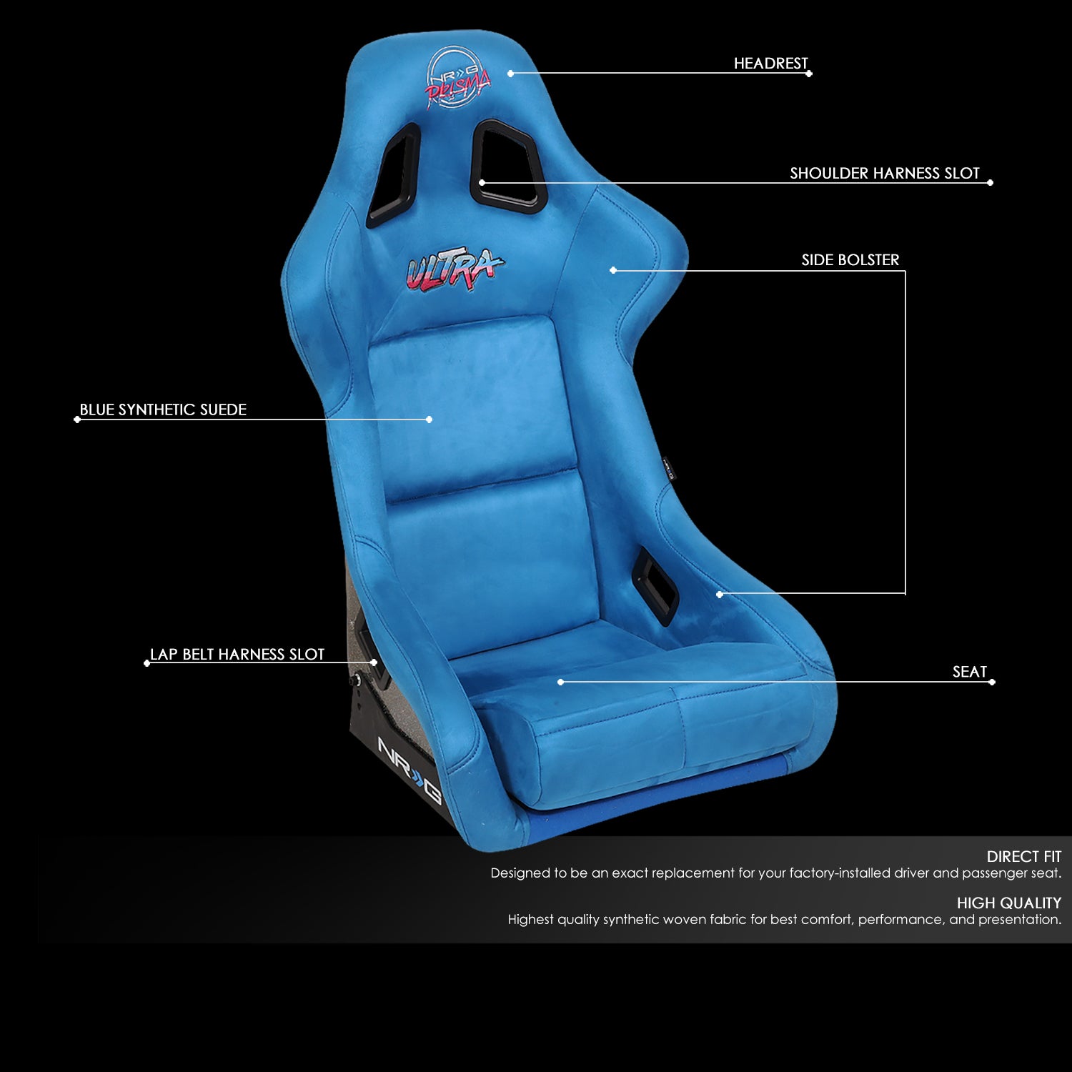 NRG Innovations, 1 Piece Large Alcantara Fabric Prisma Fixed Bucket Racing Seat - FRP-302BL-ULTRA