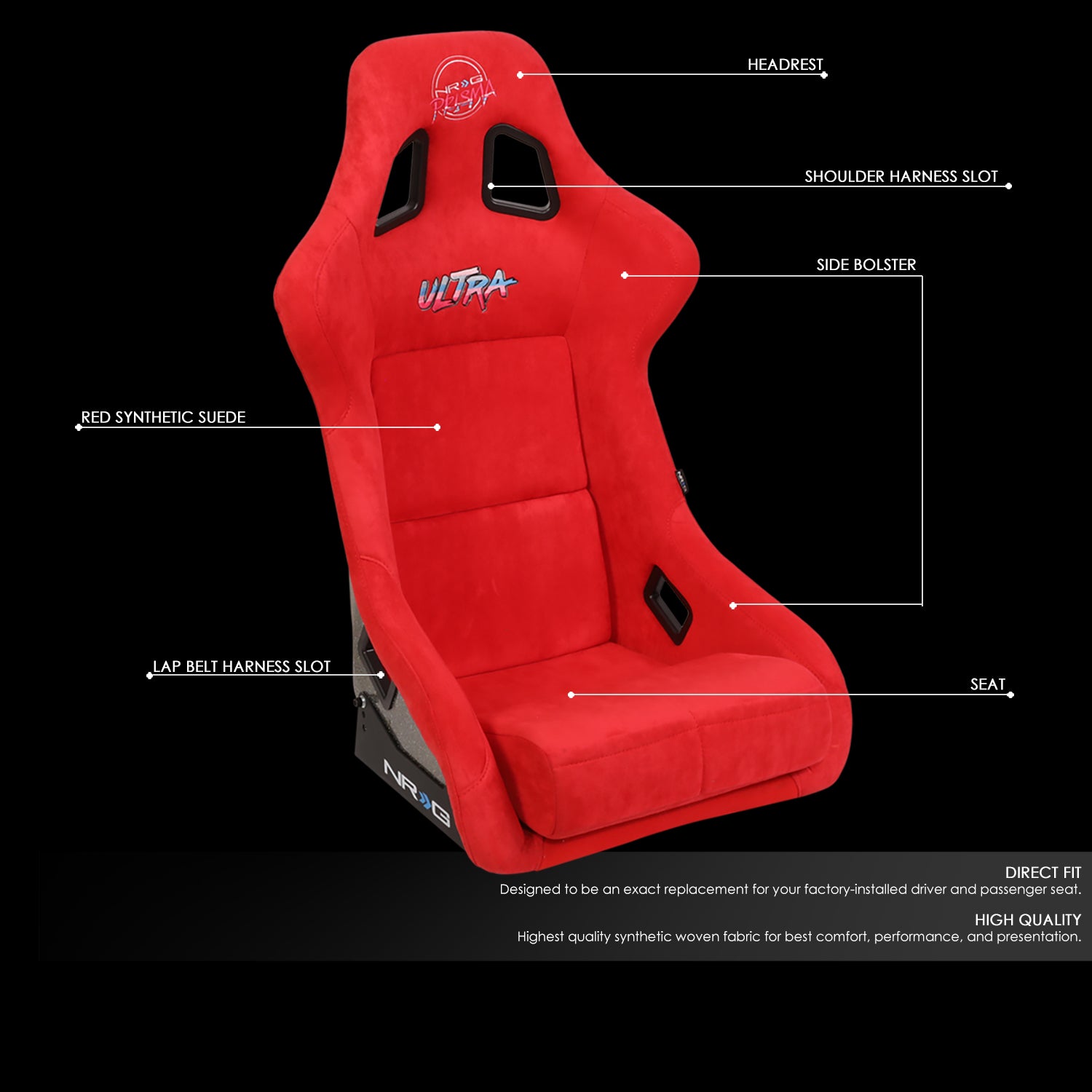 NRG Innovations, 1 Piece Large Alcantara Fabric Prisma Fixed Bucket Racing Seat - FRP-302RD-ULTRA