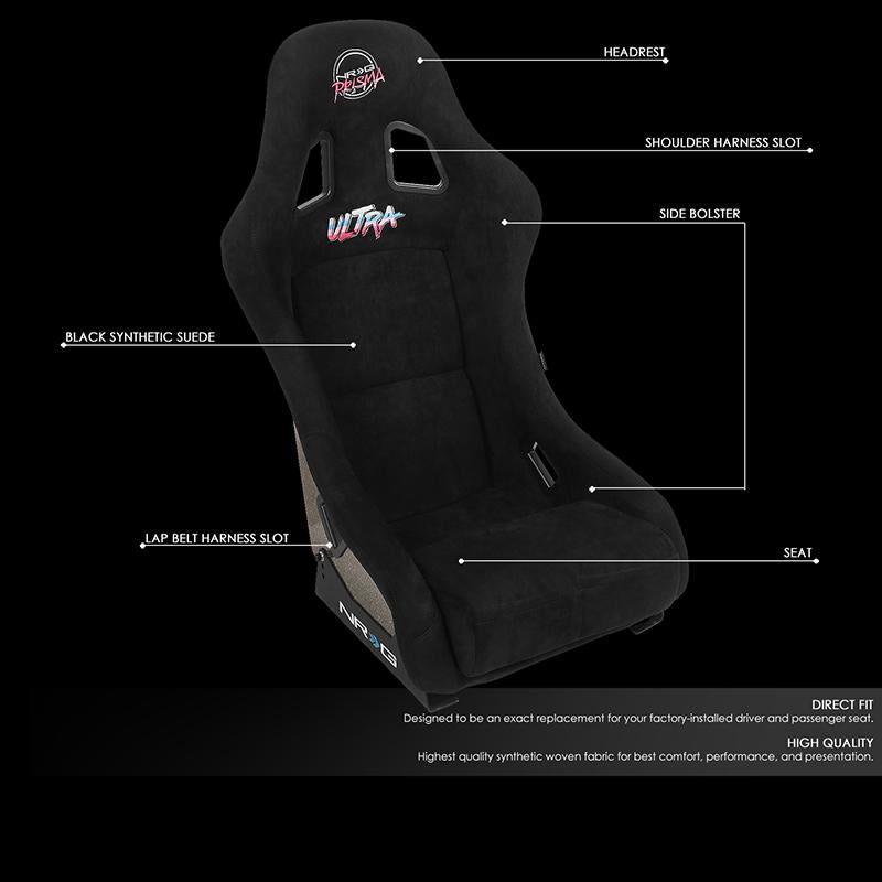 NRG Innovations, 1 Piece Medium Alcantara Prisma Ultra Fixed Bucket Racing Seat - FRP-303BK-ULTRA