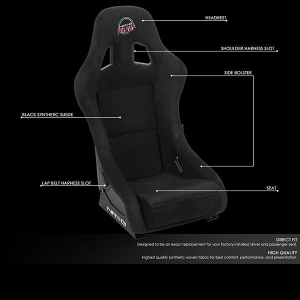 NRG Innovations, 1-Piece Medium Black Alcantara Full Bucket Racing Seat - FRP-303BK-PRISMA