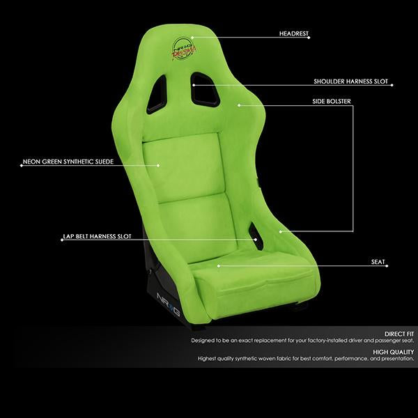 NRG Innovations, 1-Piece Medium Green Alcantara Fabric Bucket Racing Seat - FRP-303NG-PRISMA