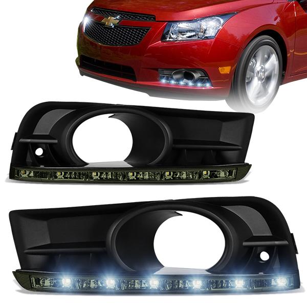 DNA Motoring, 10-14 Chevy Cruze LED DRL Smoked Lens Fog Lights - w/Bezel+Bulbs