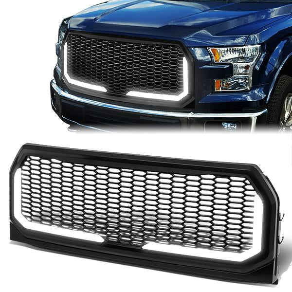 CAAP, 15-17 Ford F150 Front Grille+LED Bar - Badgeless Honeycomb Mesh - Black