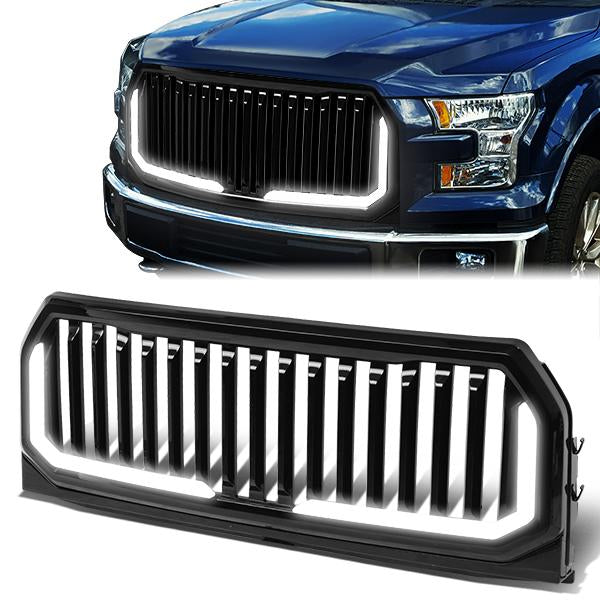 CAAP, 15-17 Ford F150 Front Grille+LED Bar - Badgeless Vertical Fence Style - Black