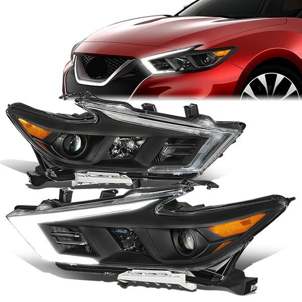 Nuvision Lighting, 16-18 Nissan Maxima S SL SV LED DRL Projector Headlights - Black Housing Amber Corner