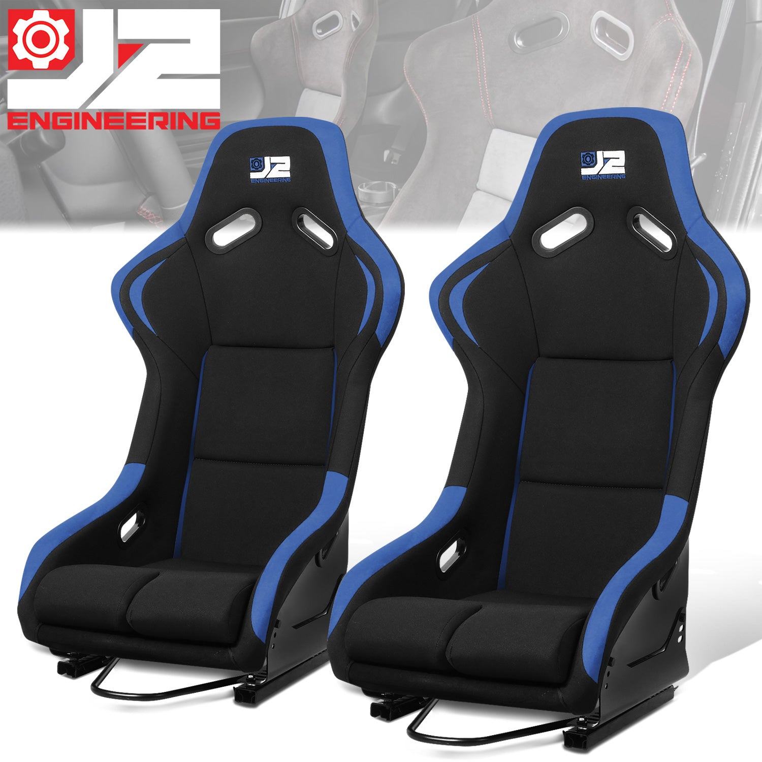 J2 Engineering, 2 Pcs Blue Fabric Bucket Racing Seats w/ Mount Brackets+Sliders