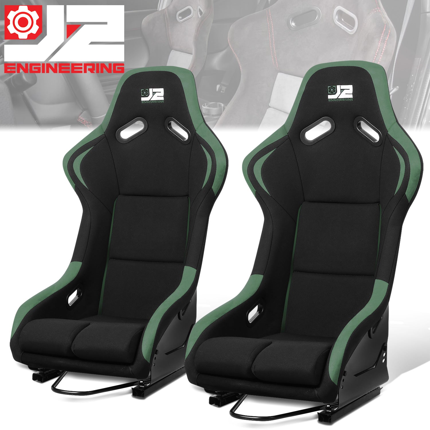 J2 Engineering, 2 Pcs Green Fabric Bucket Racing Seats w/ Mount Brackets+Sliders