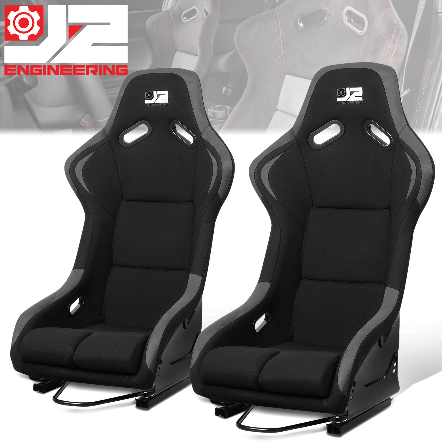 J2 Engineering, 2 Pcs Grey Fabric Bucket Racing Seats w/ Mount Brackets+Sliders