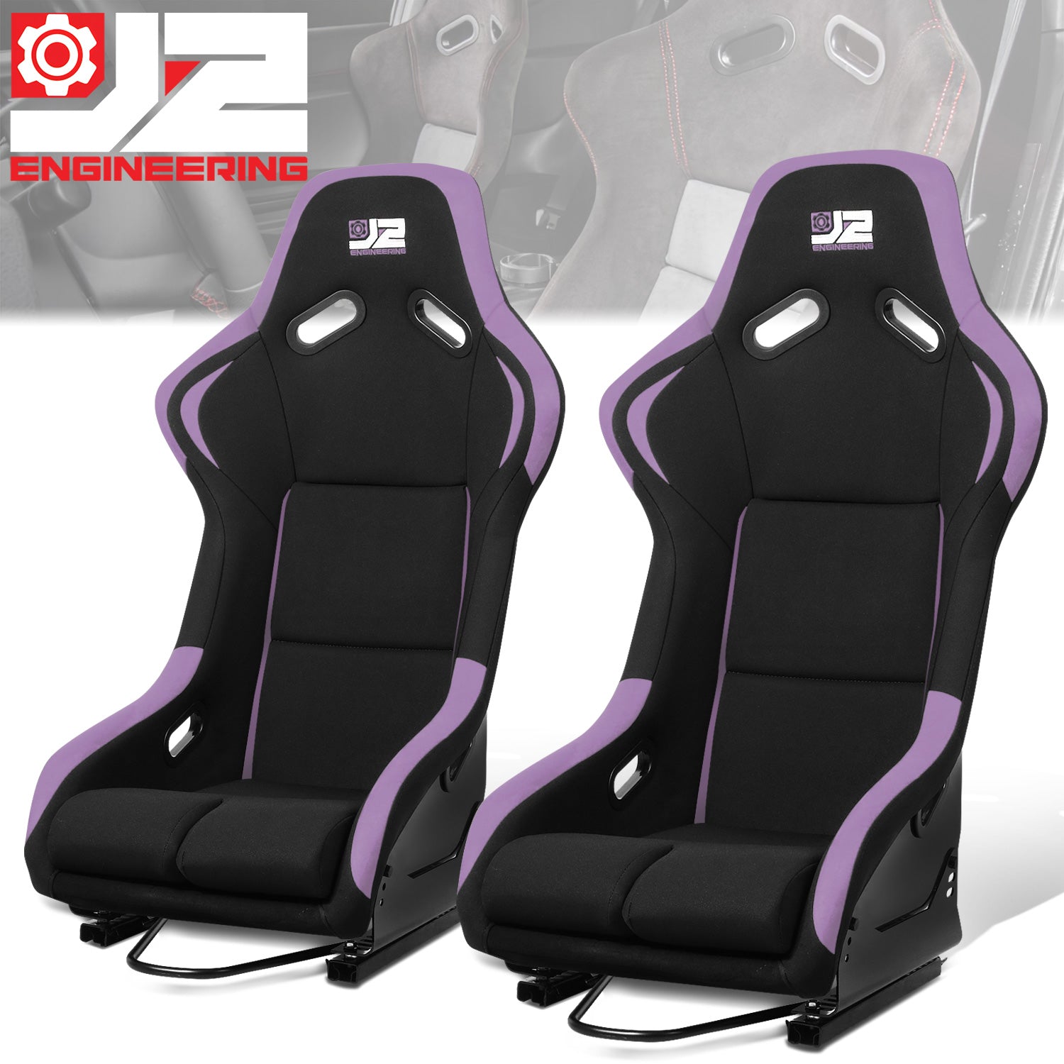 J2 Engineering, 2 Pcs Purple Fabric Bucket Racing Seats w/ Mount Brackets+Sliders