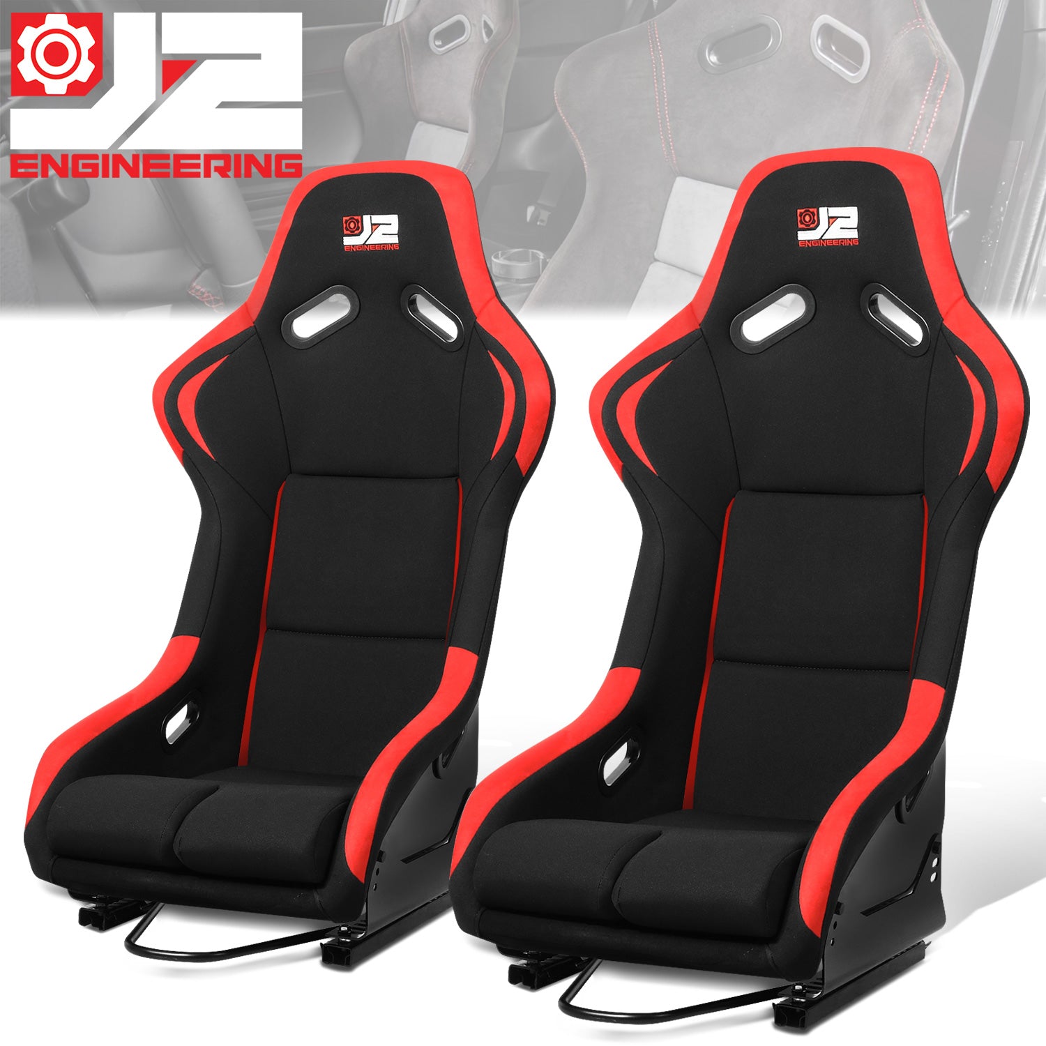 J2 Engineering, 2 Pcs Red Fabric Bucket Racing Seats w/ Mount Brackets+Sliders