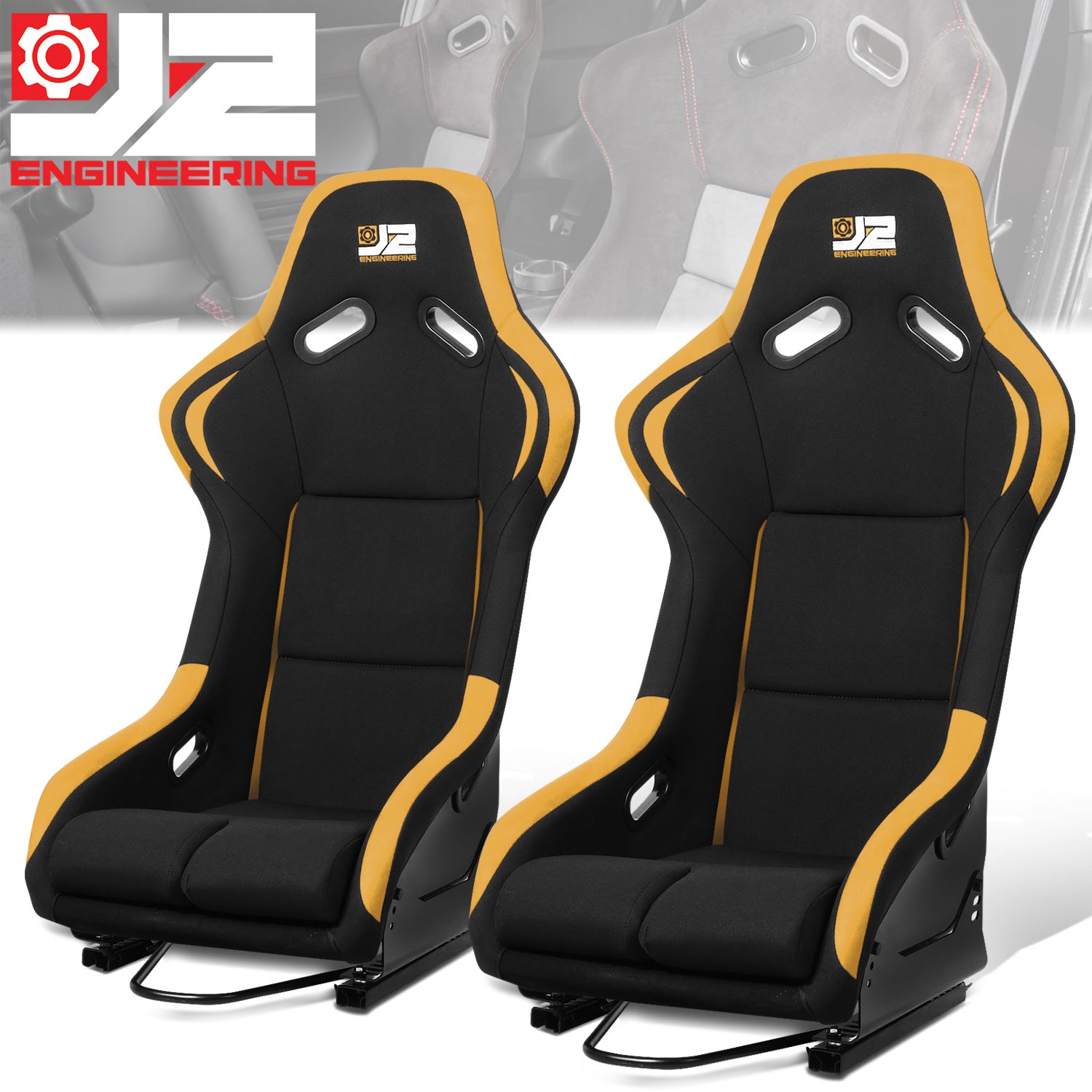 J2 Engineering, 2 Pcs Yellow Fabric Bucket Racing Seats w/ Mount Brackets+Sliders