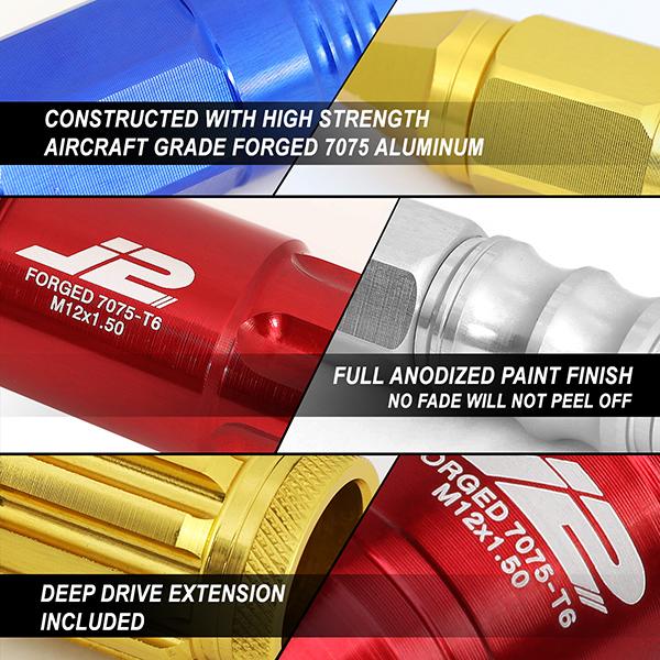 J2 Engineering, 20PC M12 x 1.5 Open End Lug Nuts - 50mm - Aluminum [A variety of color options]