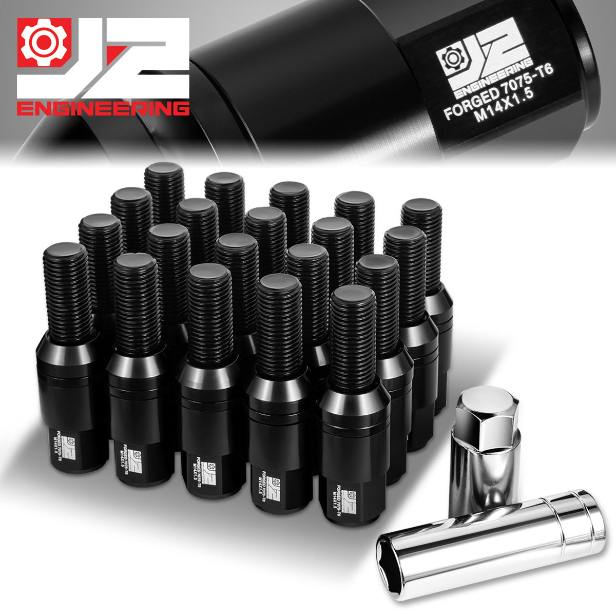 J2 Engineering, 20Pcs M14x1.5 Lug Nuts - 76mm Aluminum [Fits BMW, Alfa Romeo, Volvo, Infiniti Models]