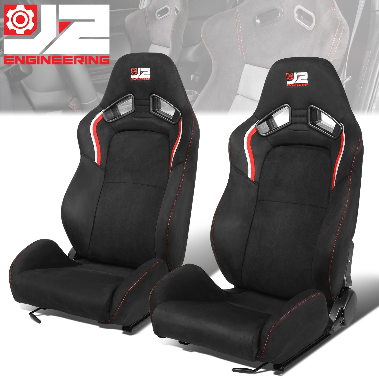 J2 Engineering, 2Pcs Black Microfiber Leather Racing Bucket Seats w/Mount Brackets+Sliders