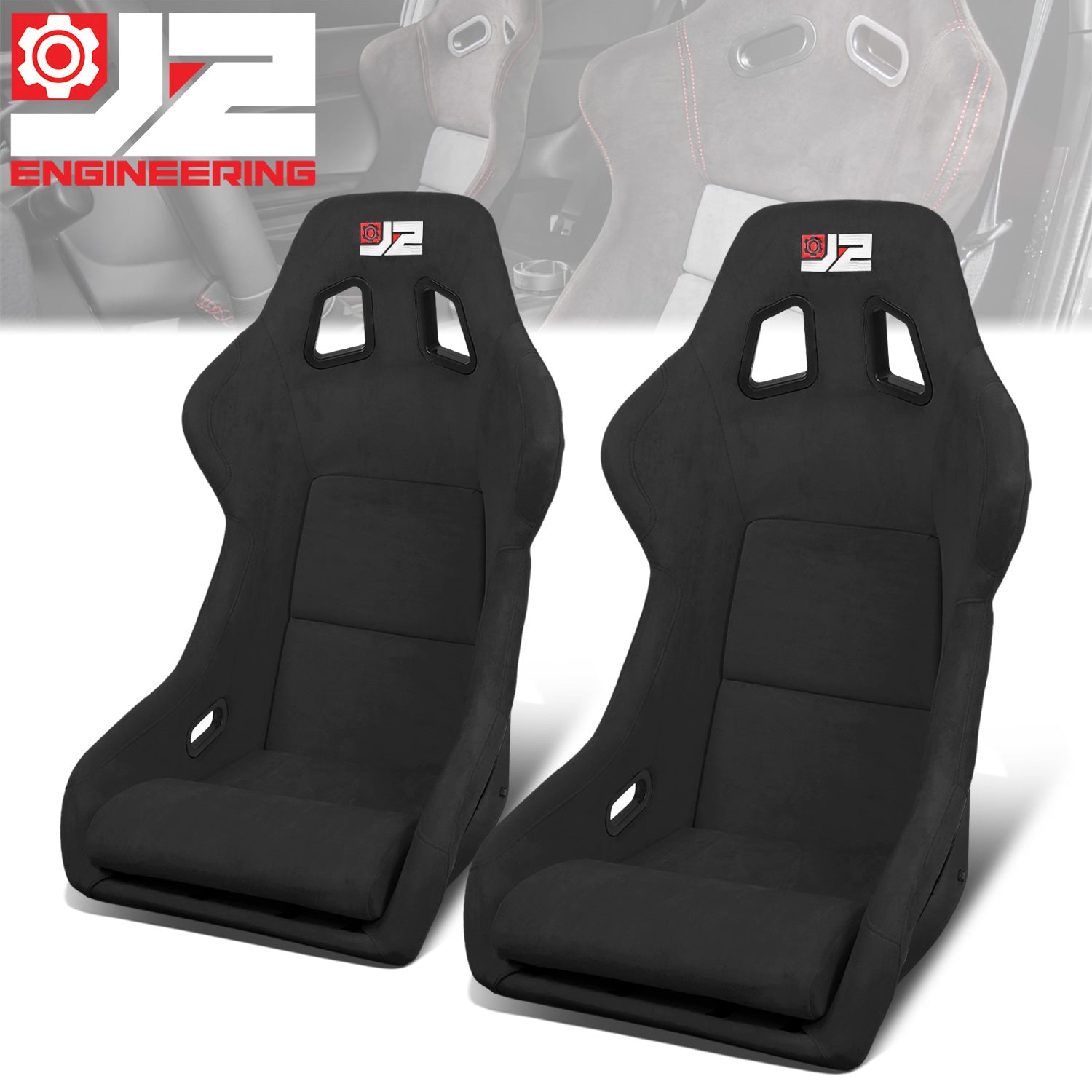 J2 Engineering, 2Pcs Black Microfiber Suede Large Racing Bucket Seats w/ Mount Brackets+Sliders