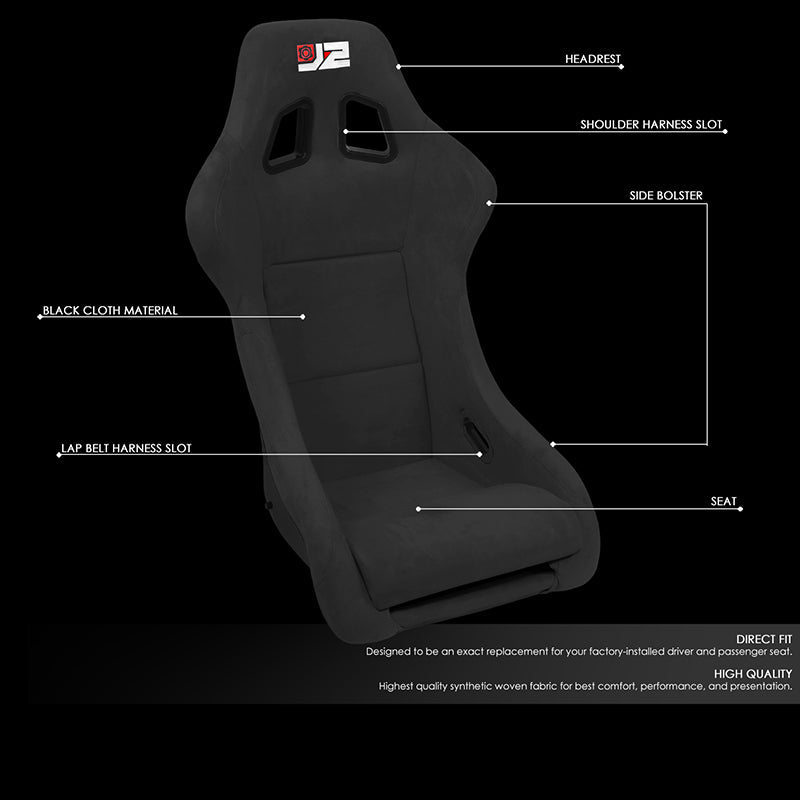 J2 Engineering, 2Pcs Black Microfiber Suede Medium Racing Bucket Seats w/ Mount Brackets+Sliders