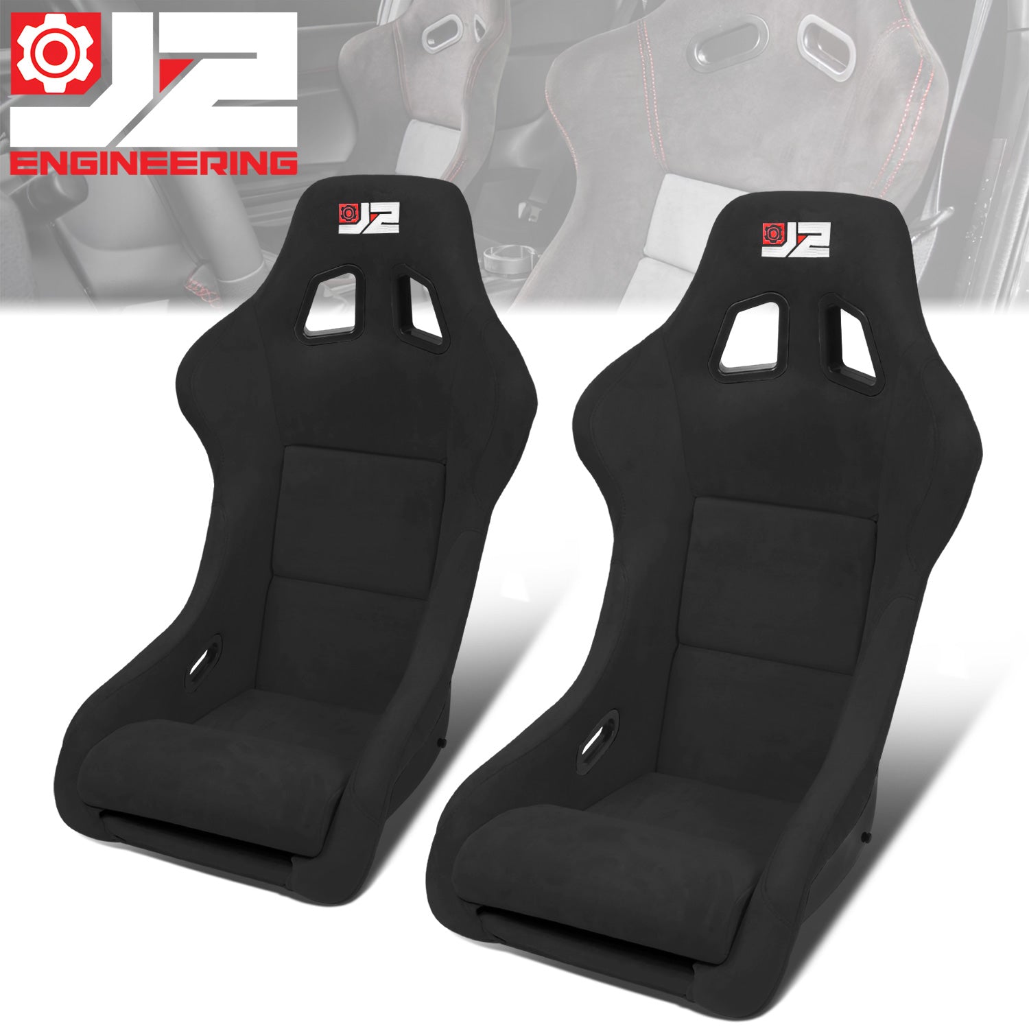 J2 Engineering, 2Pcs Black Microfiber Suede Medium Racing Bucket Seats w/ Mount Brackets+Sliders