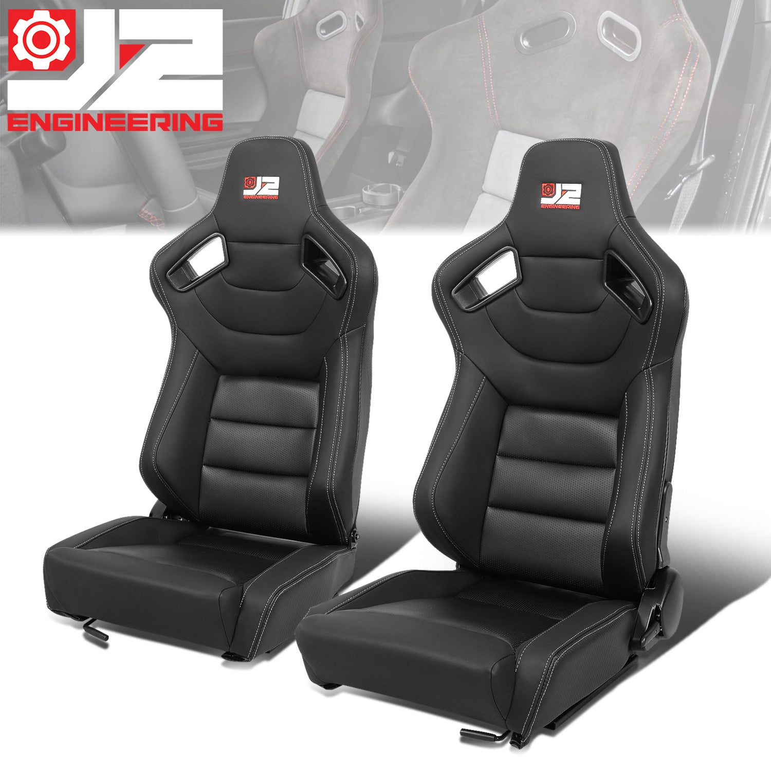 J2 Engineering, 2Pcs Black Synthetic Leather Racing Bucket Seats w/Mount Brackets+Sliders