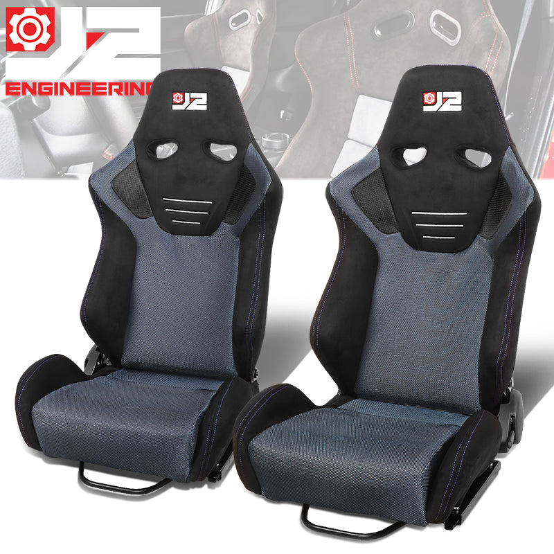 J2 Engineering, 2Pcs Blue Microfiber Suede Reclinable Racing Bucket Seat w/ Sliders