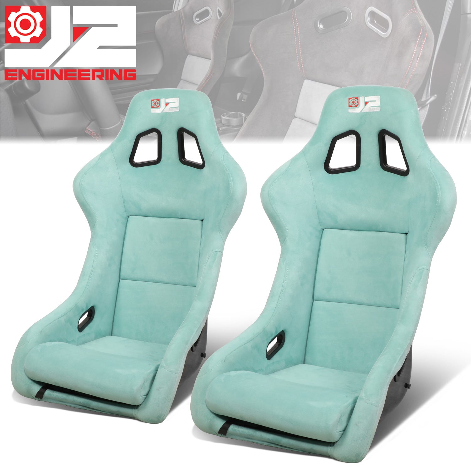 J2 Engineering, 2Pcs Lake Blue Microfiber Suede Medium Racing Bucket Seats w/ Mount Brackets+Sliders