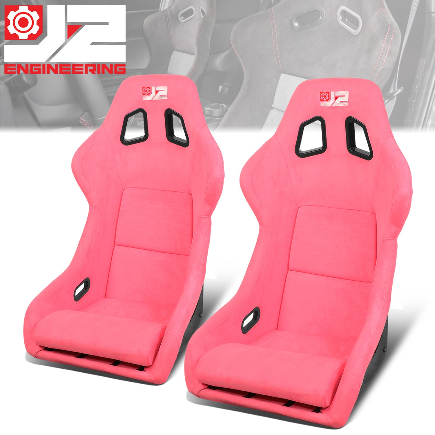 J2 Engineering, 2Pcs Pink Microfiber Suede Large Racing Bucket Seats w/ Mount Brackets+Sliders