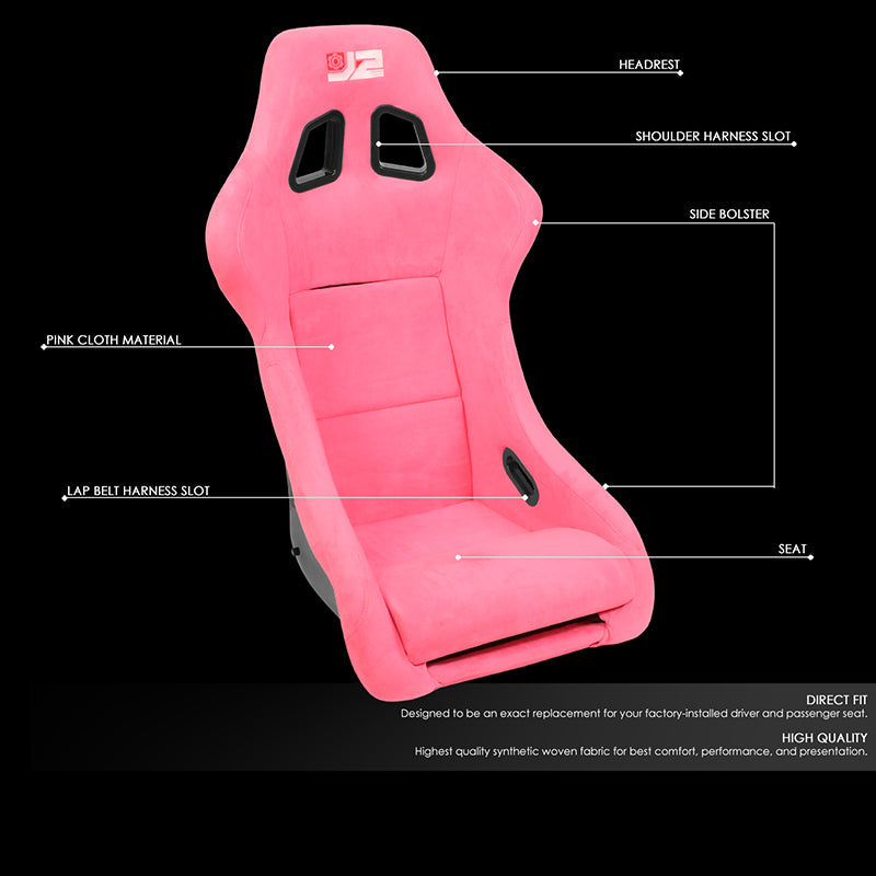 J2 Engineering, 2Pcs Pink Microfiber Suede Medium Racing Bucket Seats w/ Mount Brackets+Sliders