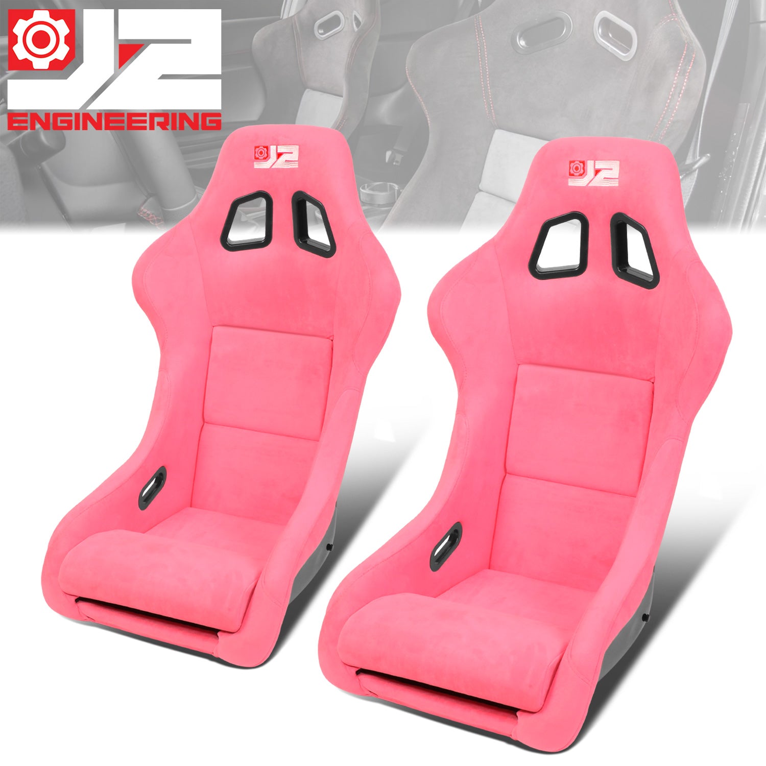 J2 Engineering, 2Pcs Pink Microfiber Suede Medium Racing Bucket Seats w/ Mount Brackets+Sliders