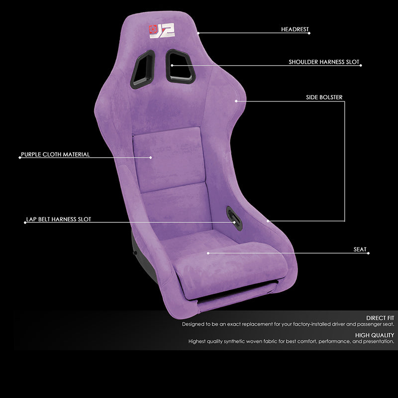 J2 Engineering, 2Pcs Purple Microfiber Suede Medium Racing Bucket Seats w/ Mount Brackets+Sliders