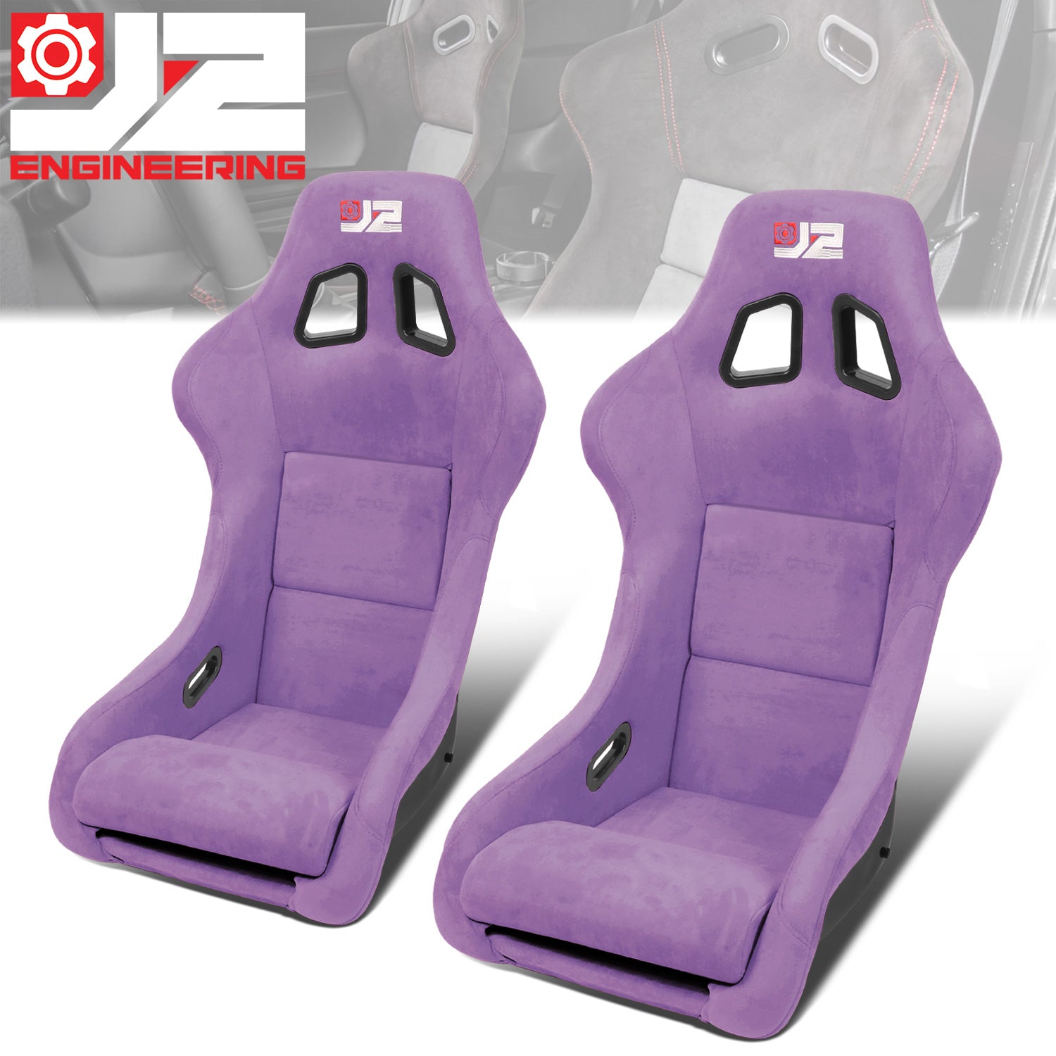 J2 Engineering, 2Pcs Purple Microfiber Suede Medium Racing Bucket Seats w/ Mount Brackets+Sliders