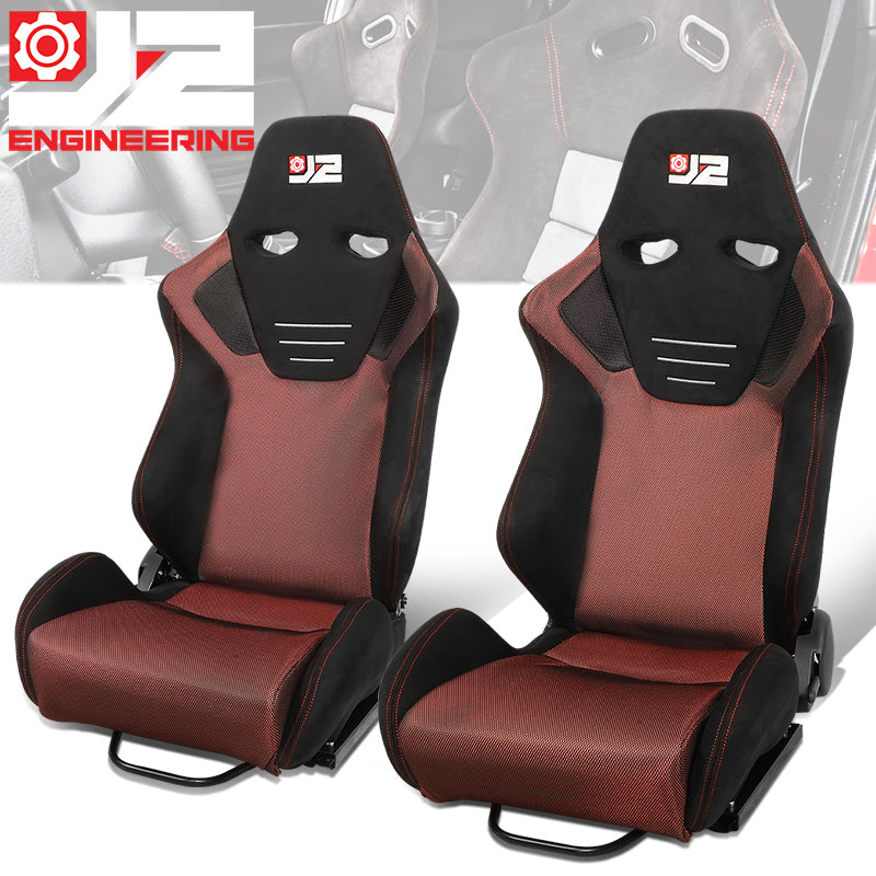 J2 Engineering, 2Pcs Red Microfiber Suede Reclinable Racing Bucket Seat w/ Sliders