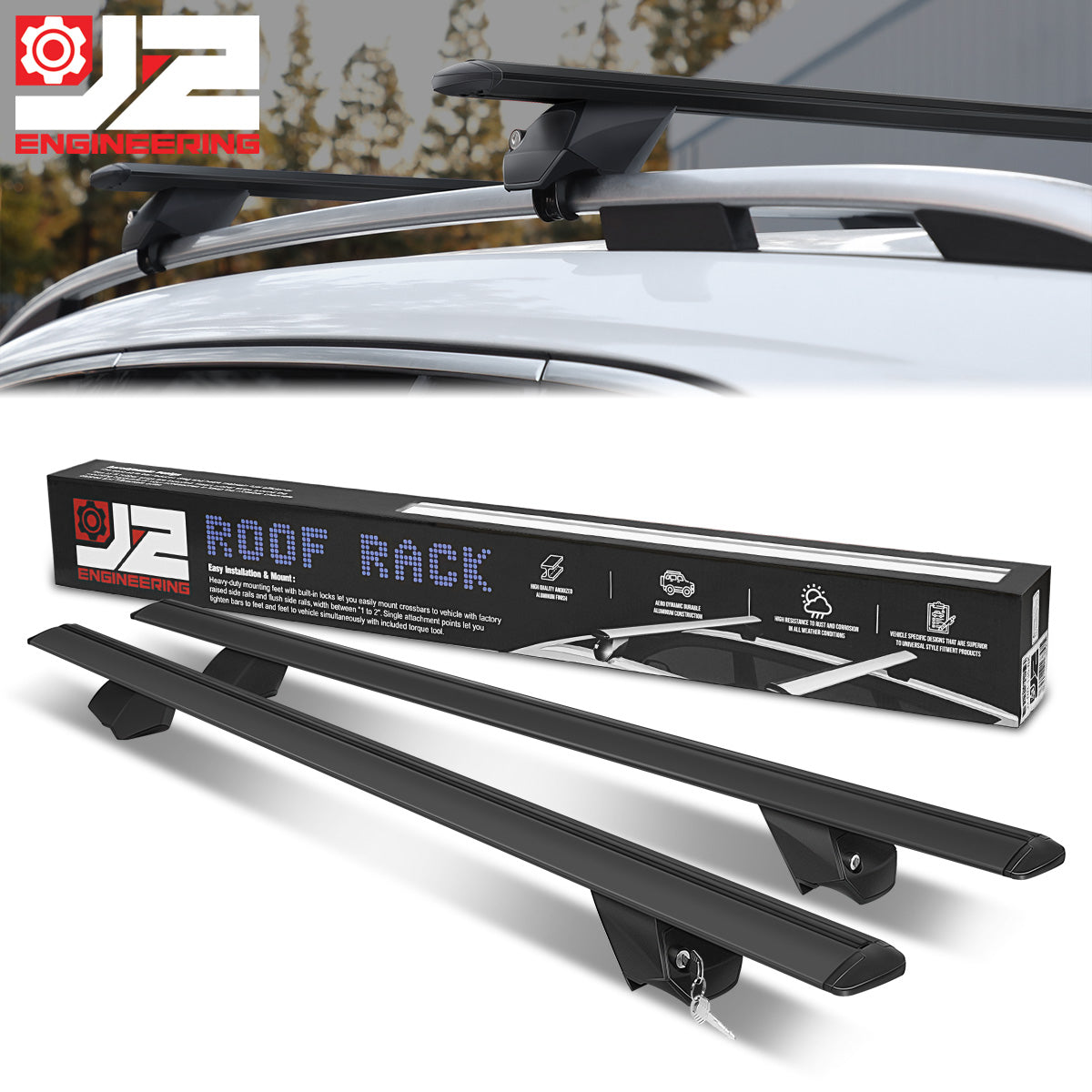 J2 Engineering, 49 in. Adjustable Roof Rack Cargo Carrier Aluminum Cross Bar (Black)