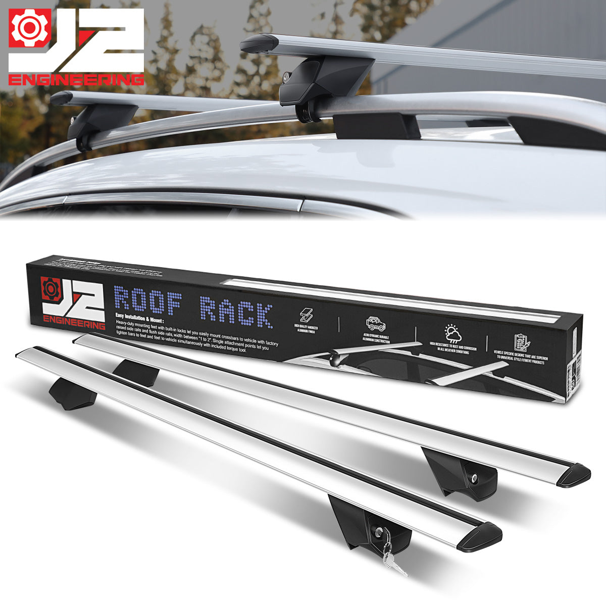 J2 Engineering, 55 in. Adjustable Roof Rack Cargo Carrier Aluminum Cross Bar (Silver)