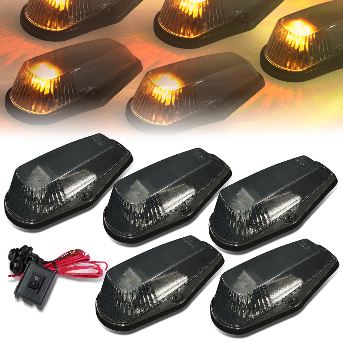 DNA Motoring, 80-96 Ford F150 F250 F350 Smoked Lens Cab Roof Lights - Amber LED